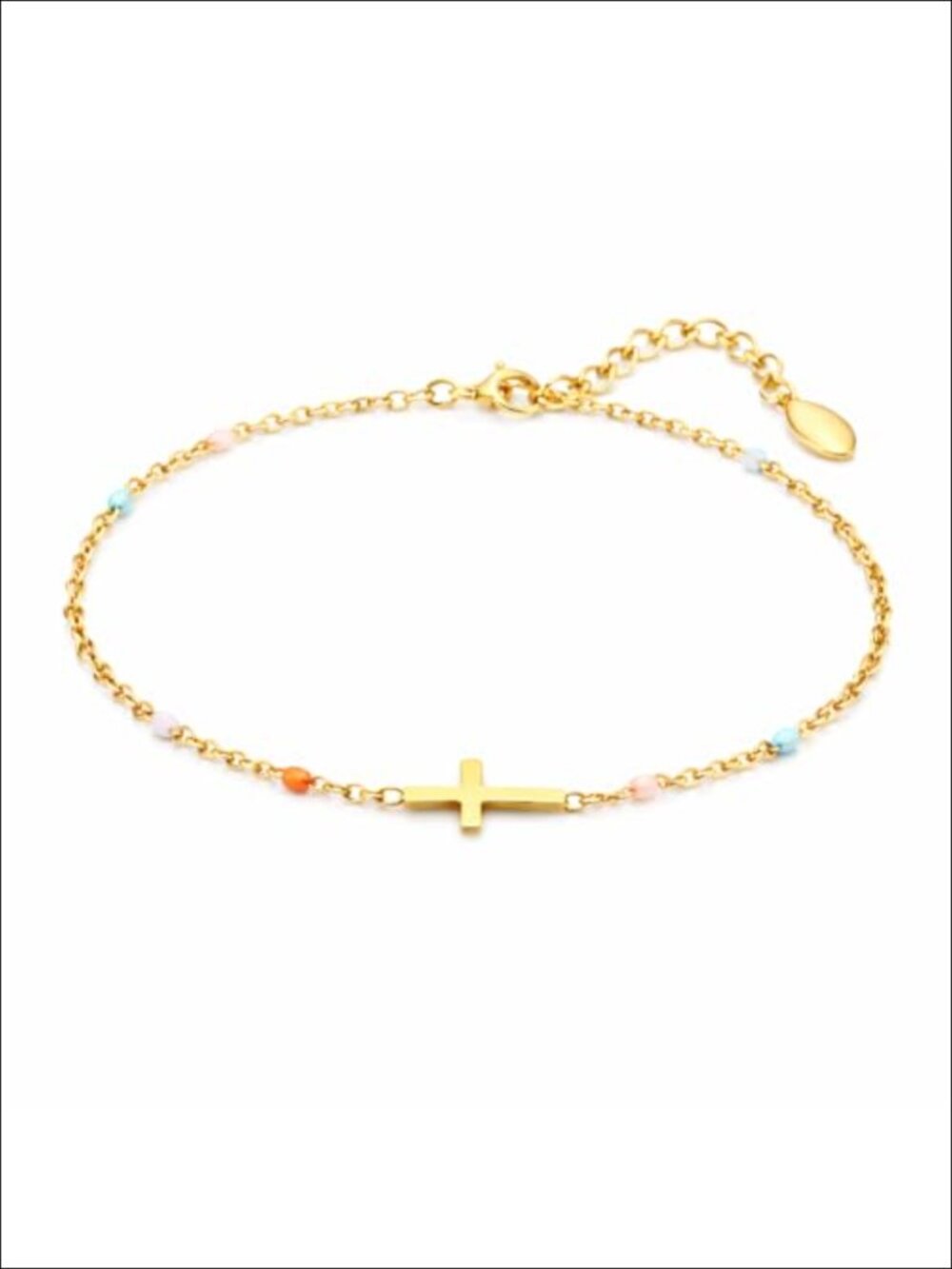 Dainty 14K Gold Cross Charm Bracelet with Beads